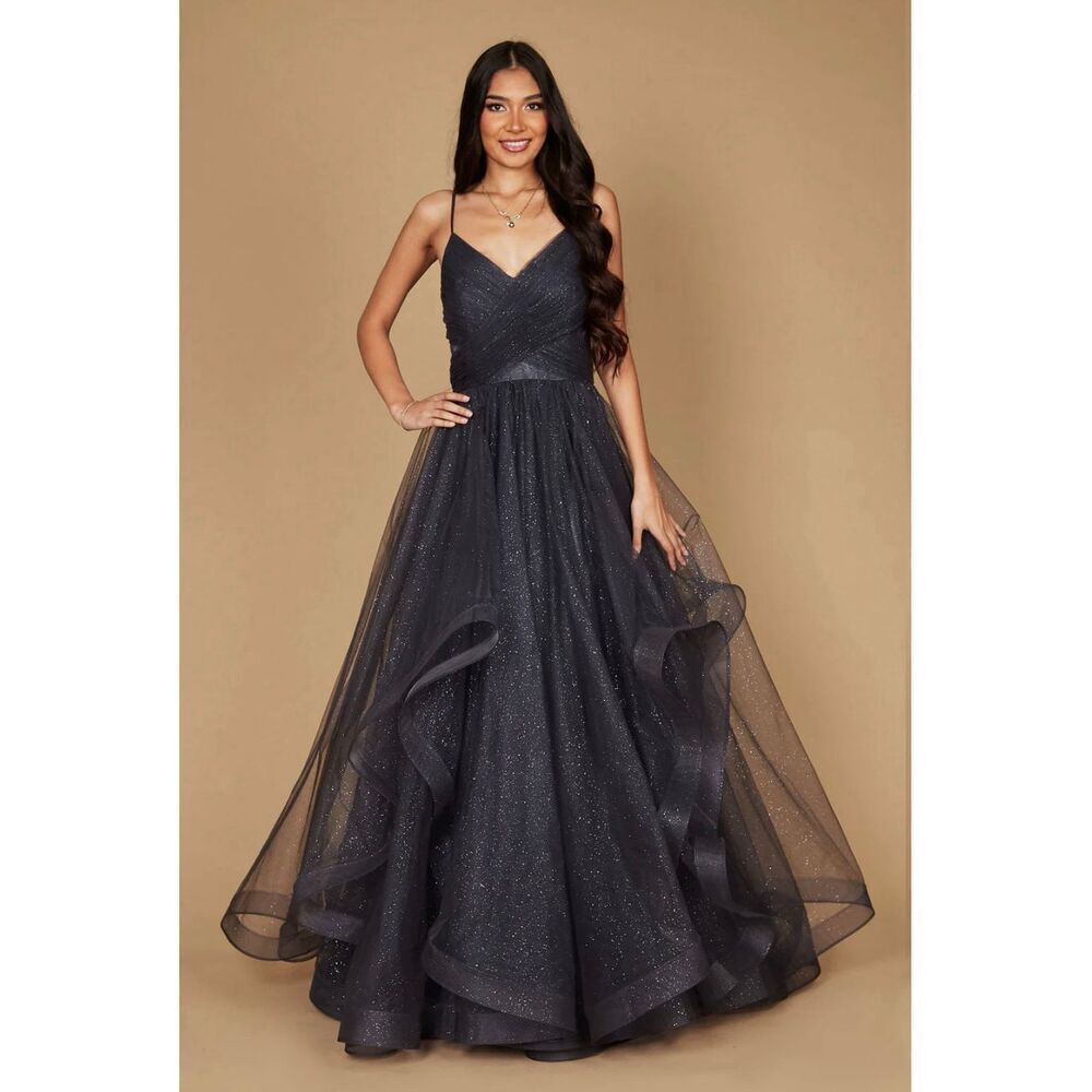 Dylan & David’s Black Tiered Sparkle Spaghetti Strap Corset Back Wedding Dress P